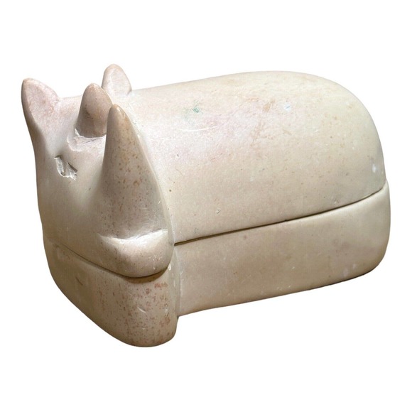 Vintage South African Handmade Carved Rhino Raku Soap Stone Pottery Trinket Box - Picture 2 of 4